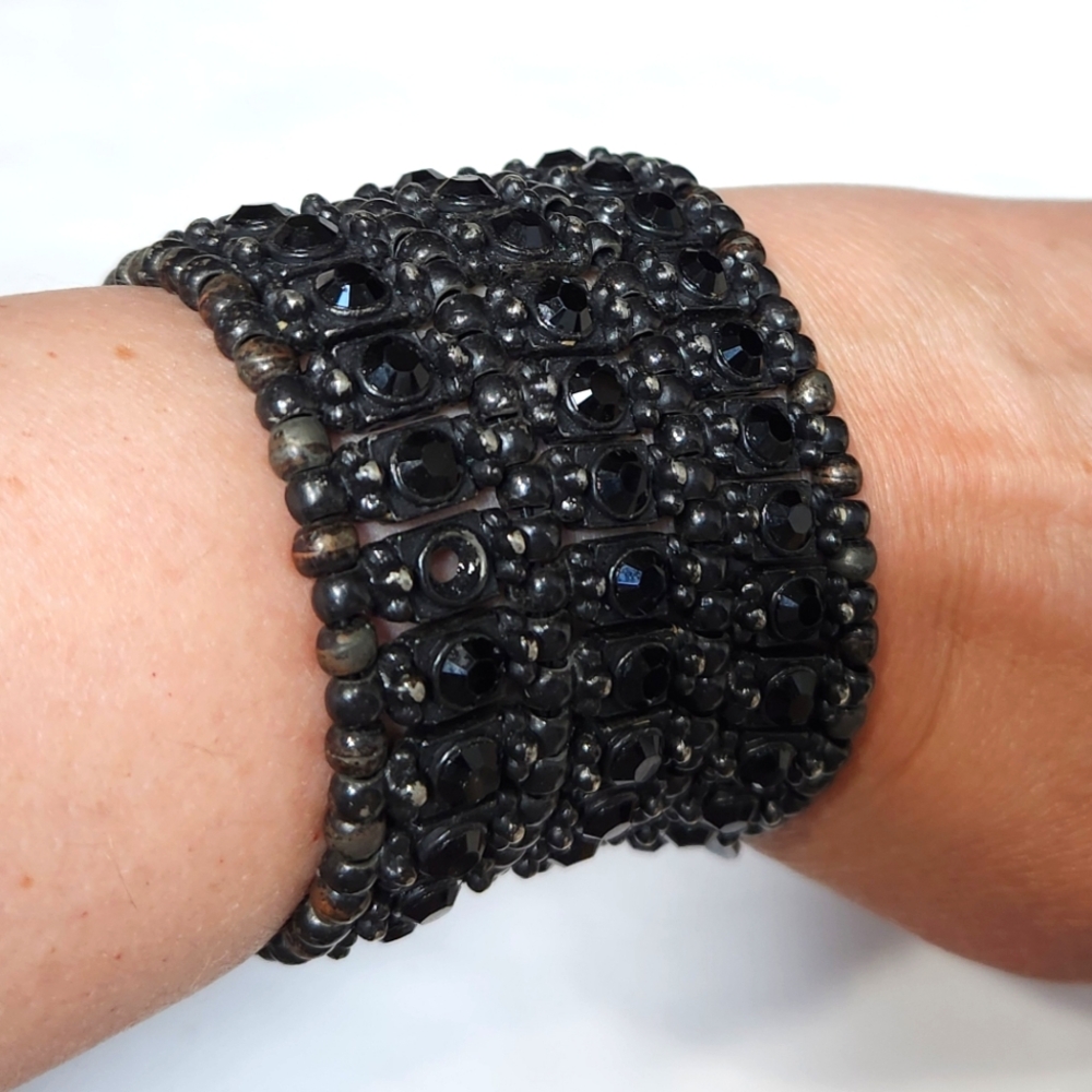 Philippe Audibert Black Rhinestone and Bead Stretch Bracelet